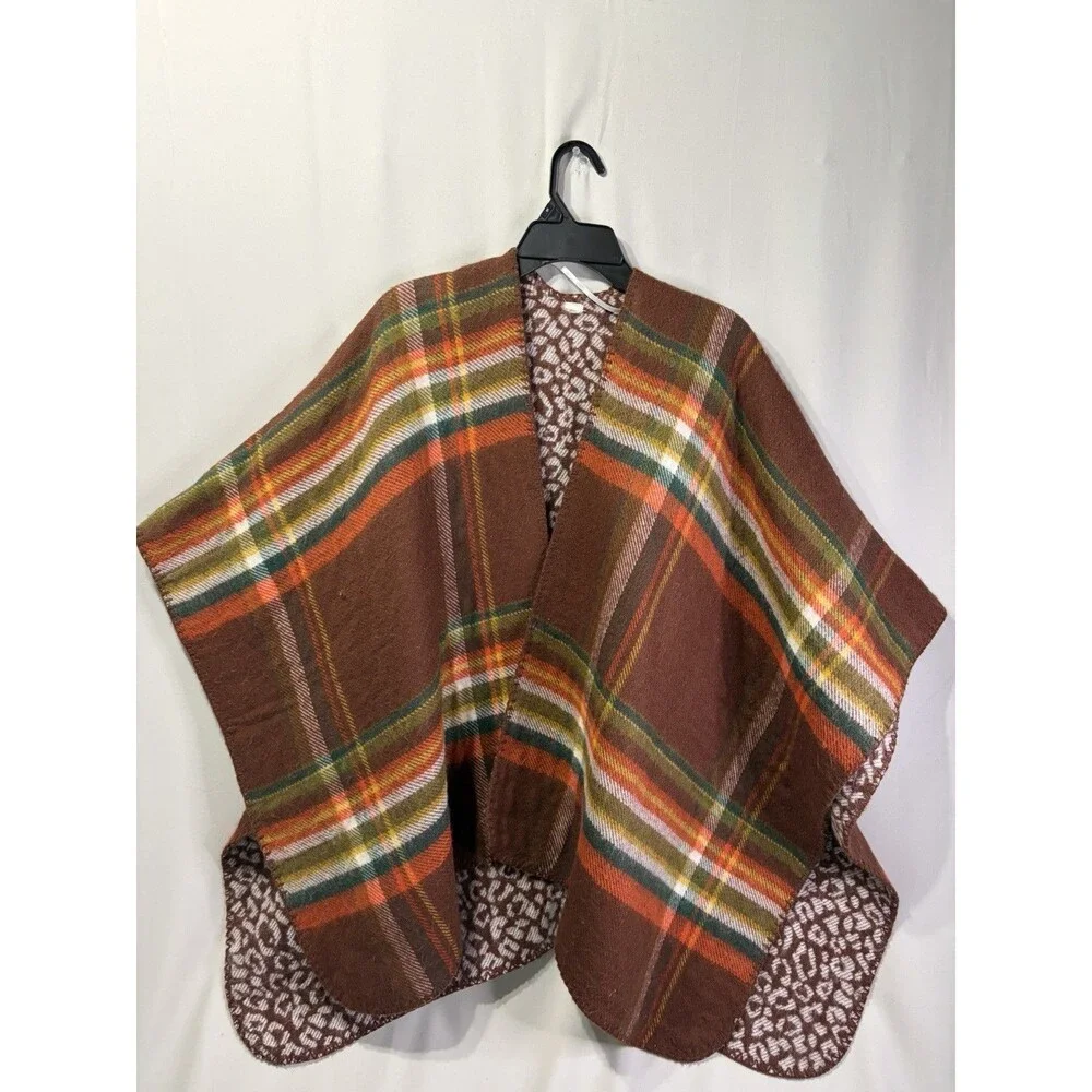 Brown Plaid Winter Stylish Oversized Soft  Poncho Blanket Wrap - One Size